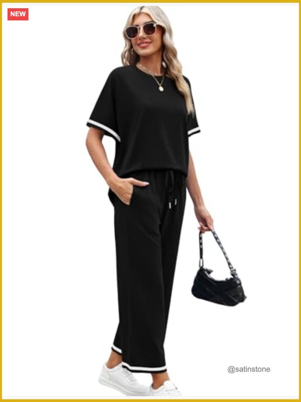 Two Piece Lounge Set Short Sleeve Wide Leg Pants With Pockets Travel Vacation View 3